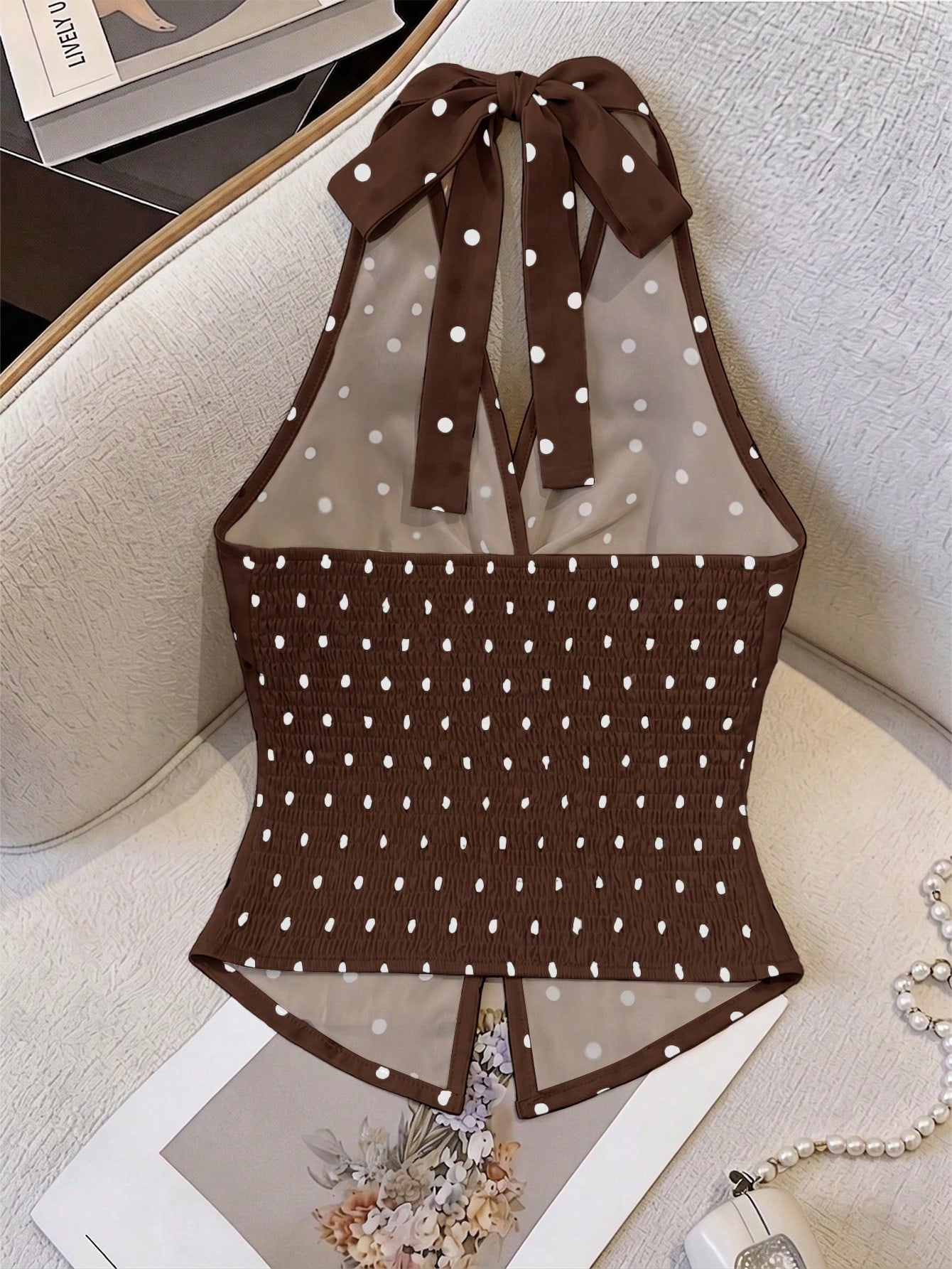 Elenzga Women's Apricot Black White Polka Dot V-Neck Twist Halter Crop Top,Elegant,Summer Tea Party Design,High-Quality Fashion Essential For Date,Cocktail