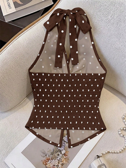 Elenzga Women's Apricot Black White Polka Dot V-Neck Twist Halter Crop Top,Elegant,Summer Tea Party Design,High-Quality Fashion Essential For Date,Cocktail