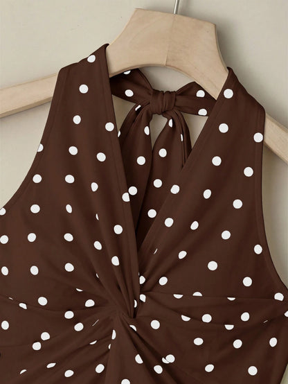 Elenzga Women's Apricot Black White Polka Dot V-Neck Twist Halter Crop Top,Elegant,Summer Tea Party Design,High-Quality Fashion Essential For Date,Cocktail