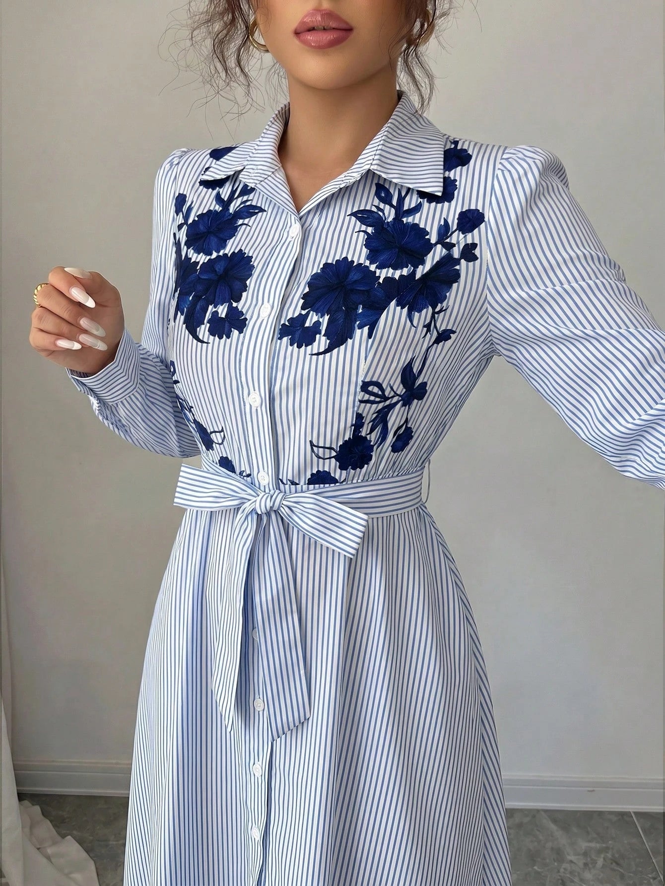 Elenzga Women's Elegant Daily European & American Commuter Style Long Sleeve Cinched Waist A-Line Bow Tie Waist Knot Positioned Print Long Dress, Suitable For Music Festivals, Commuting, Shopping And