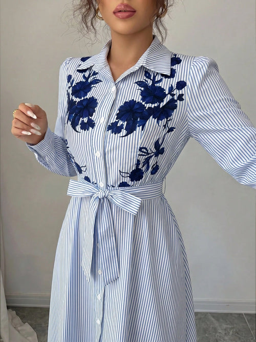 Elenzga Women's Elegant Daily European & American Commuter Style Long Sleeve Cinched Waist A-Line Bow Tie Waist Knot Positioned Print Long Dress, Suitable For Music Festivals, Commuting, Shopping And