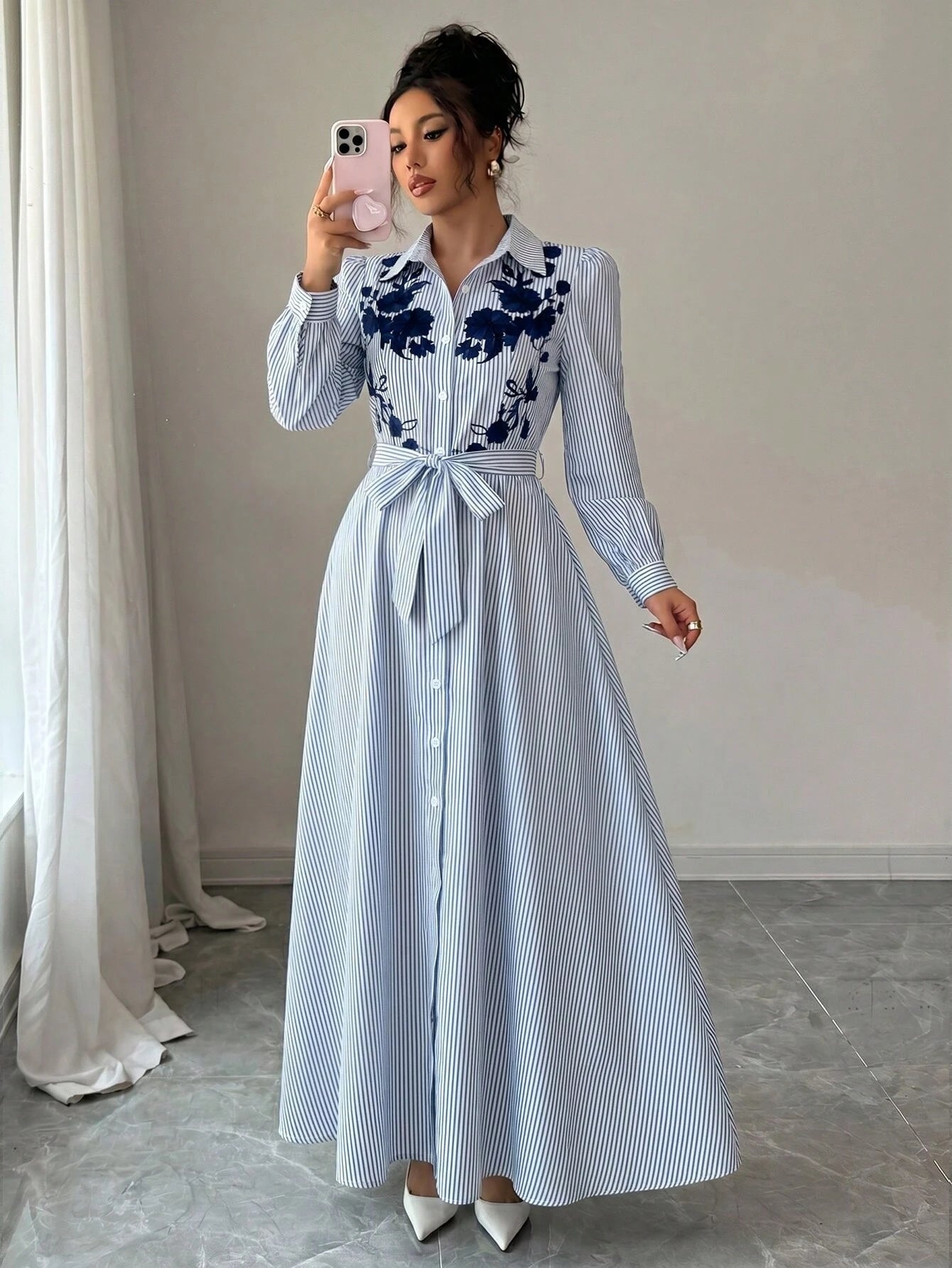 Elenzga Women's Elegant Daily European & American Commuter Style Long Sleeve Cinched Waist A-Line Bow Tie Waist Knot Positioned Print Long Dress, Suitable For Music Festivals, Commuting, Shopping And