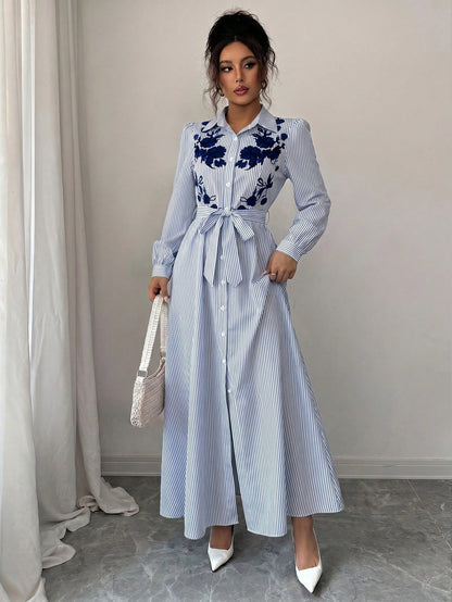 Elenzga Women's Elegant Daily European & American Commuter Style Long Sleeve Cinched Waist A-Line Bow Tie Waist Knot Positioned Print Long Dress, Suitable For Music Festivals, Commuting, Shopping And