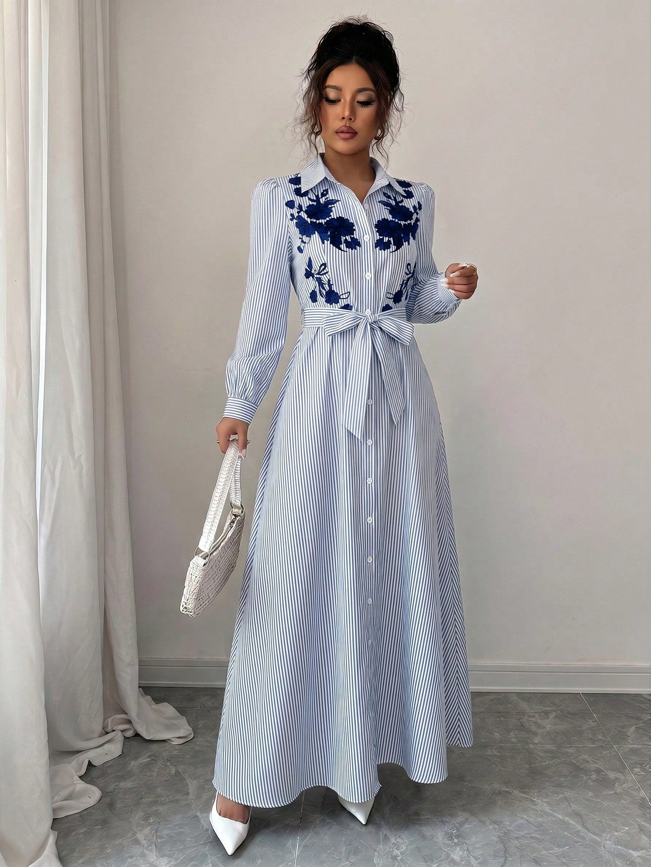 Elenzga Women's Elegant Daily European & American Commuter Style Long Sleeve Cinched Waist A-Line Bow Tie Waist Knot Positioned Print Long Dress, Suitable For Music Festivals, Commuting, Shopping And