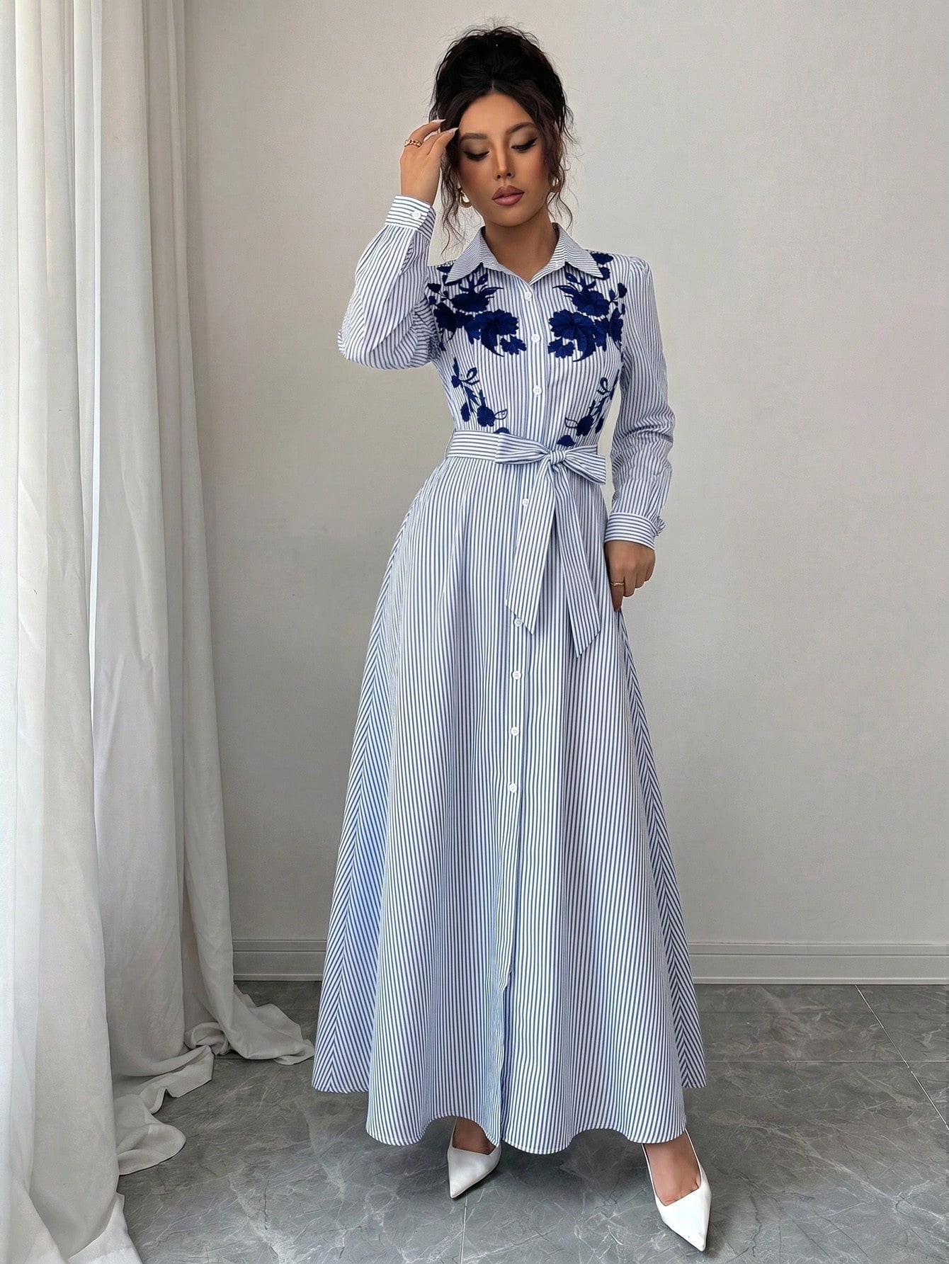 Elenzga Women's Elegant Daily European & American Commuter Style Long Sleeve Cinched Waist A-Line Bow Tie Waist Knot Positioned Print Long Dress, Suitable For Music Festivals, Commuting, Shopping And