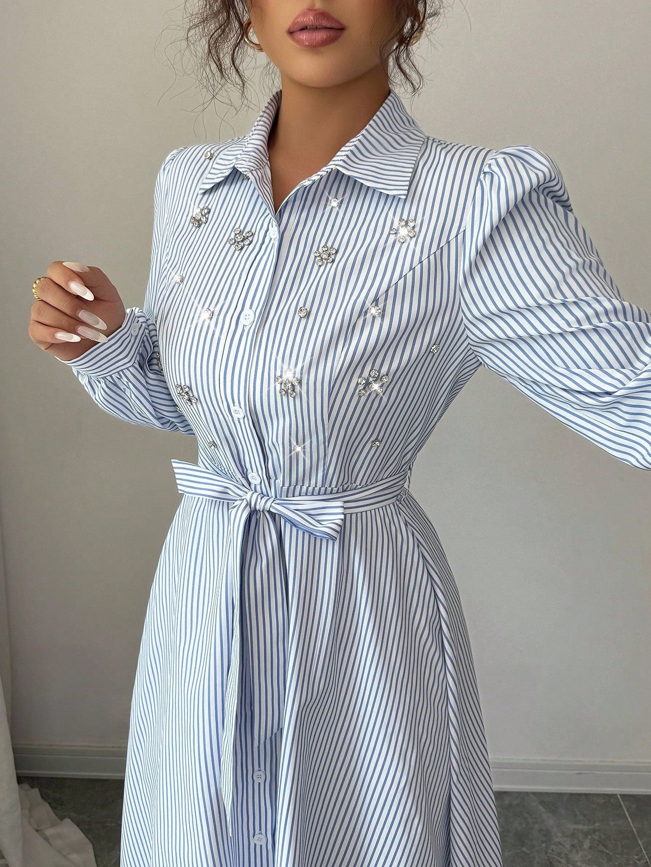 Elenzga Women's Elegant Daily European & American Commuter Style Long Sleeve Cinched Waist A-Line Bow Tie Waist Knot Positioned Print Long Dress, Suitable For Music Festivals, Commuting, Shopping And