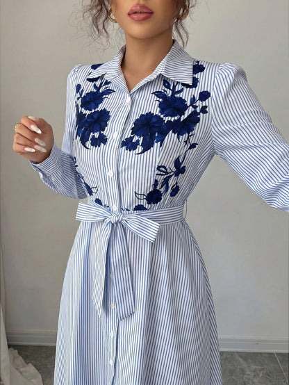 Elenzga Women's Elegant Daily European & American Commuter Style Long Sleeve Cinched Waist A-Line Bow Tie Waist Knot Positioned Print Long Dress, Suitable For Music Festivals, Commuting, Shopping And