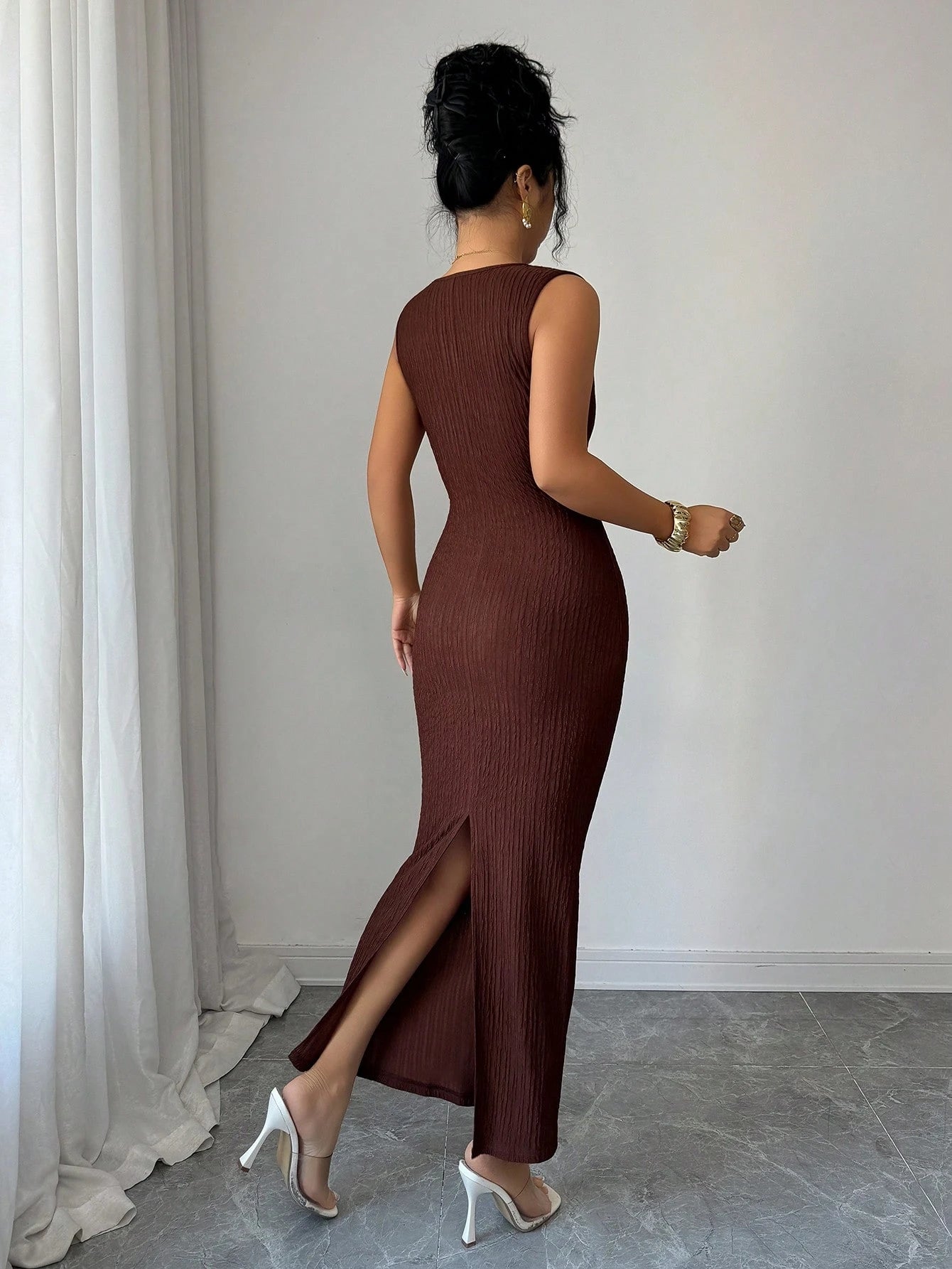 Elenzga Women's Elegant Metal Decor Textured Summer Dress
