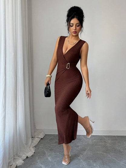 Elenzga Women's Elegant Metal Decor Textured Summer Dress