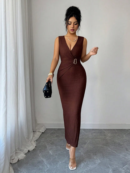 Elenzga Women's Elegant Metal Decor Textured Summer Dress