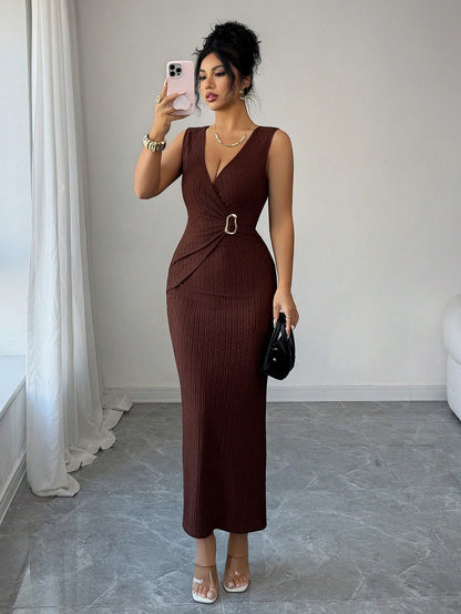 Elenzga Women's Elegant Metal Decor Textured Summer Dress