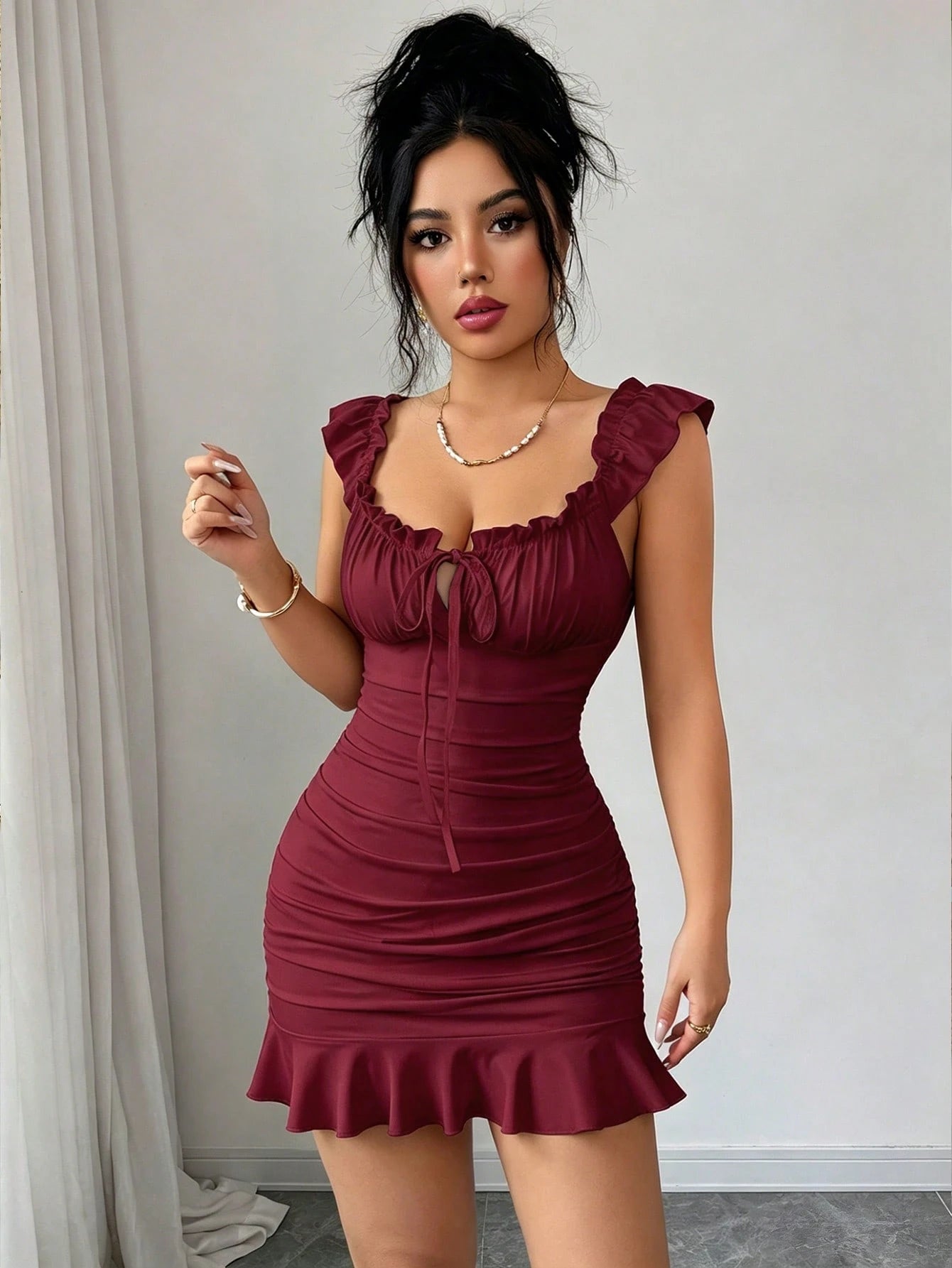 Elenzga Women's Elegant Ruched Tie Strap Flounce Hem Sexy Dress, Beach Babe