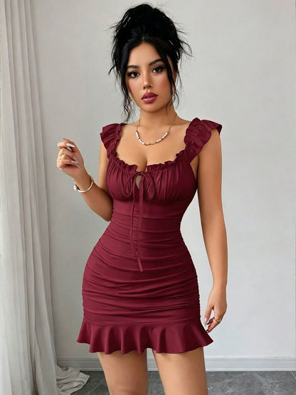 Elenzga Women's Elegant Ruched Tie Strap Flounce Hem Sexy Dress, Beach Babe
