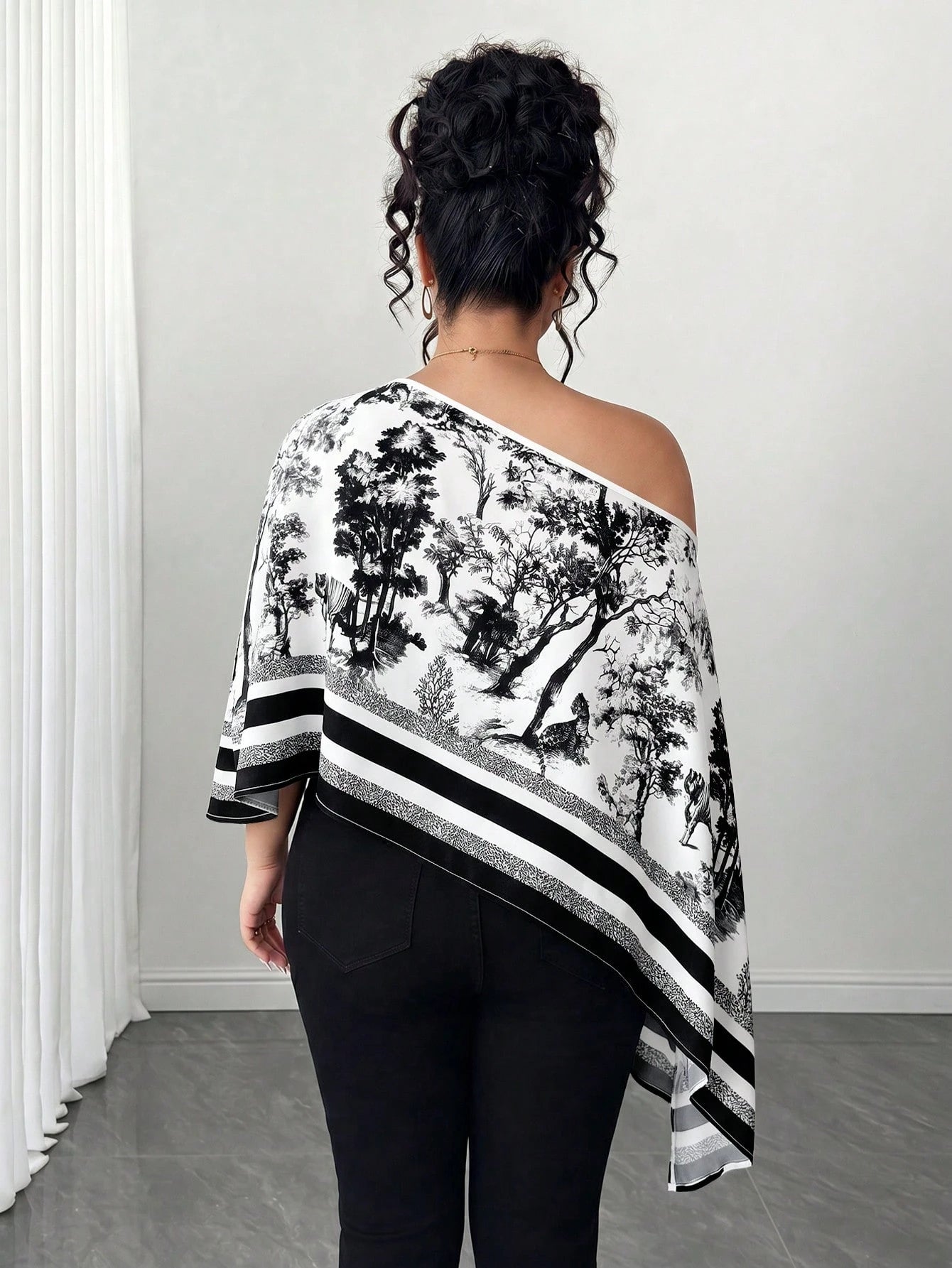 Elenzga Women's Fall Black And White One-Shoulder Ink Wash Print Loose Top, Asymmetric Cape-Style Flowy Blouse, Drop Shoulder Irregular Hem Designer Shirt