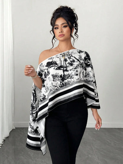 Elenzga Women's Fall Black And White One-Shoulder Ink Wash Print Loose Top, Asymmetric Cape-Style Flowy Blouse, Drop Shoulder Irregular Hem Designer Shirt