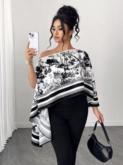 Elenzga Women's Fall Black And White One-Shoulder Ink Wash Print Loose Top, Asymmetric Cape-Style Flowy Blouse, Drop Shoulder Irregular Hem Designer Shirt