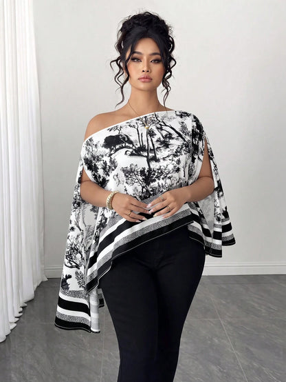 Elenzga Women's Fall Black And White One-Shoulder Ink Wash Print Loose Top, Asymmetric Cape-Style Flowy Blouse, Drop Shoulder Irregular Hem Designer Shirt