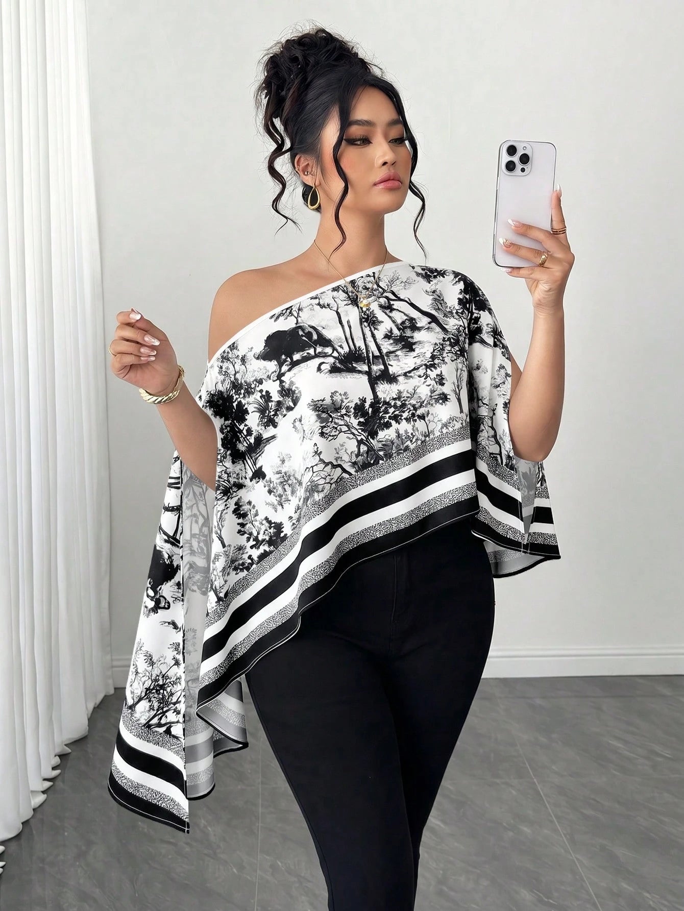 Elenzga Women's Fall Black And White One-Shoulder Ink Wash Print Loose Top, Asymmetric Cape-Style Flowy Blouse, Drop Shoulder Irregular Hem Designer Shirt