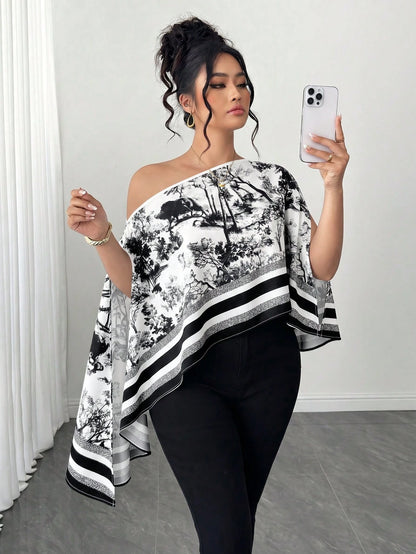 Elenzga Women's Fall Black And White One-Shoulder Ink Wash Print Loose Top, Asymmetric Cape-Style Flowy Blouse, Drop Shoulder Irregular Hem Designer Shirt