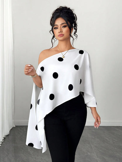 Elenzga Women's Fall Black And White One-Shoulder Ink Wash Print Loose Top, Asymmetric Cape-Style Flowy Blouse, Drop Shoulder Irregular Hem Designer Shirt