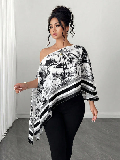 Elenzga Women's Fall Black And White One-Shoulder Ink Wash Print Loose Top, Asymmetric Cape-Style Flowy Blouse, Drop Shoulder Irregular Hem Designer Shirt