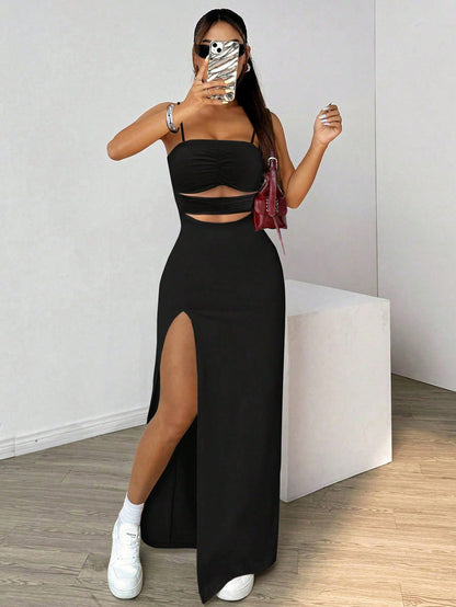Elenzga Women's Solid Color Mid-Length Dress, Slip Dress, Hollow Out, Minimalist, Fashionable, Suitable For Summer