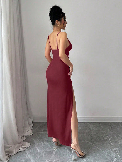 Elenzga Women's Solid Color Mid-Length Dress, Slip Dress, Hollow Out, Minimalist, Fashionable, Suitable For Summer