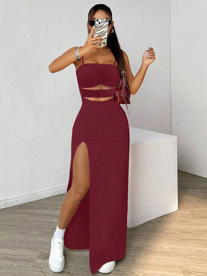 Elenzga Women's Solid Color Mid-Length Dress, Slip Dress, Hollow Out, Minimalist, Fashionable, Suitable For Summer