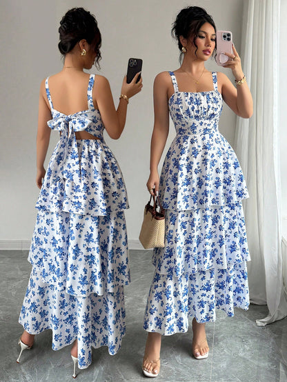 Elenzga Women's Spring/Summer Fashionable Elegant Sleeveless Strap Waist Layered Cake Dress, Floral Print, Refreshing, Suitable For Beach Date, Maxi Dress