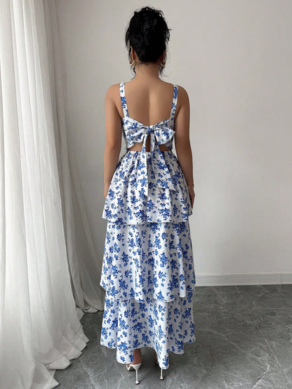 Elenzga Women's Spring/Summer Fashionable Elegant Sleeveless Strap Waist Layered Cake Dress, Floral Print, Refreshing, Suitable For Beach Date, Maxi Dress