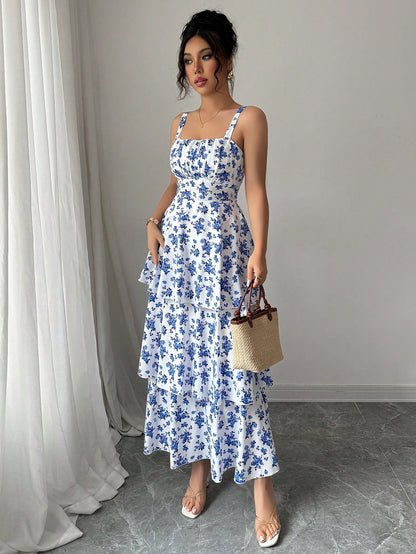Elenzga Women's Spring/Summer Fashionable Elegant Sleeveless Strap Waist Layered Cake Dress, Floral Print, Refreshing, Suitable For Beach Date, Maxi Dress