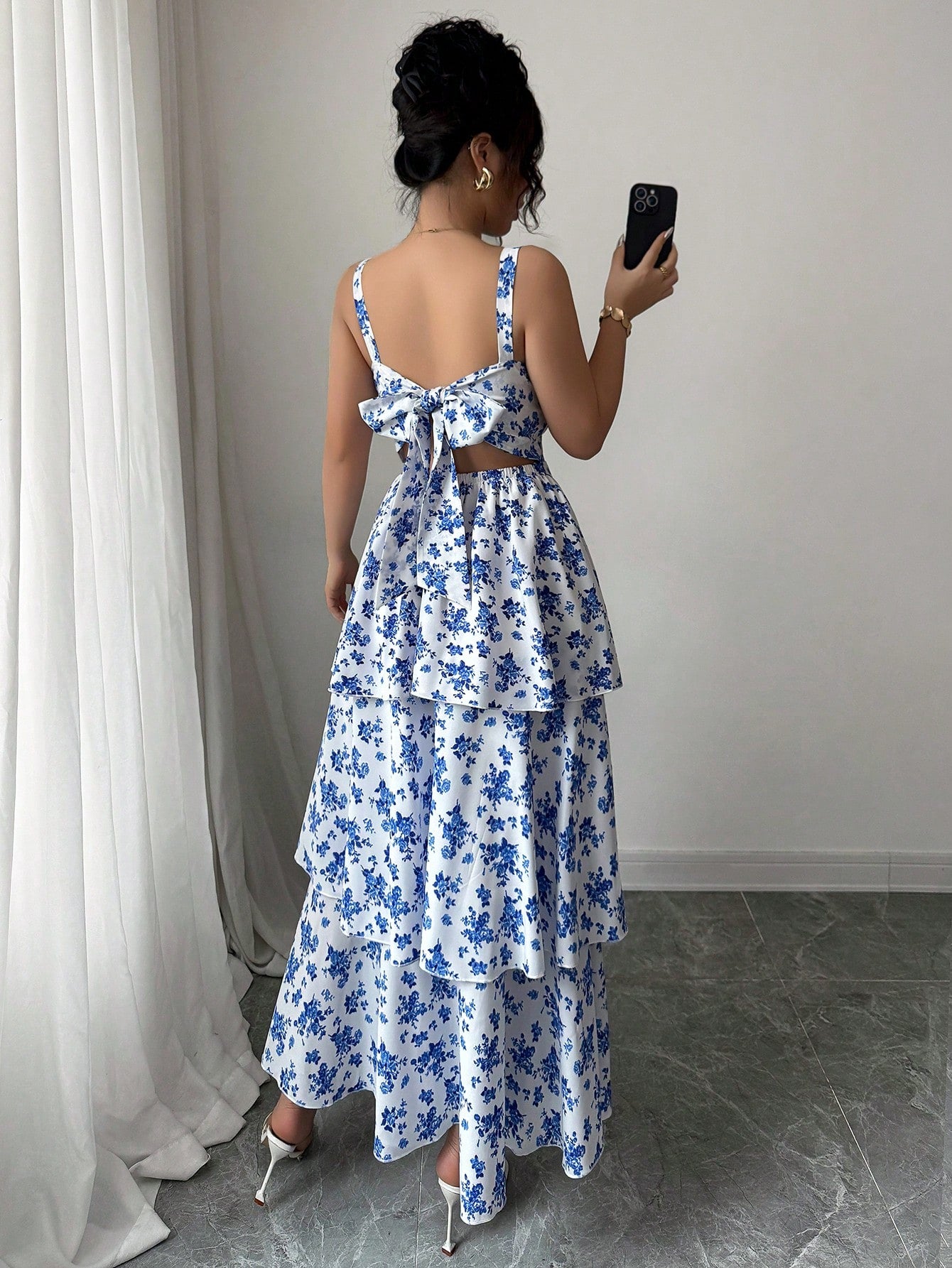 Elenzga Women's Spring/Summer Fashionable Elegant Sleeveless Strap Waist Layered Cake Dress, Floral Print, Refreshing, Suitable For Beach Date, Maxi Dress