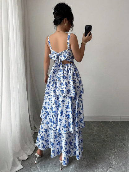 Elenzga Women's Spring/Summer Fashionable Elegant Sleeveless Strap Waist Layered Cake Dress, Floral Print, Refreshing, Suitable For Beach Date, Maxi Dress