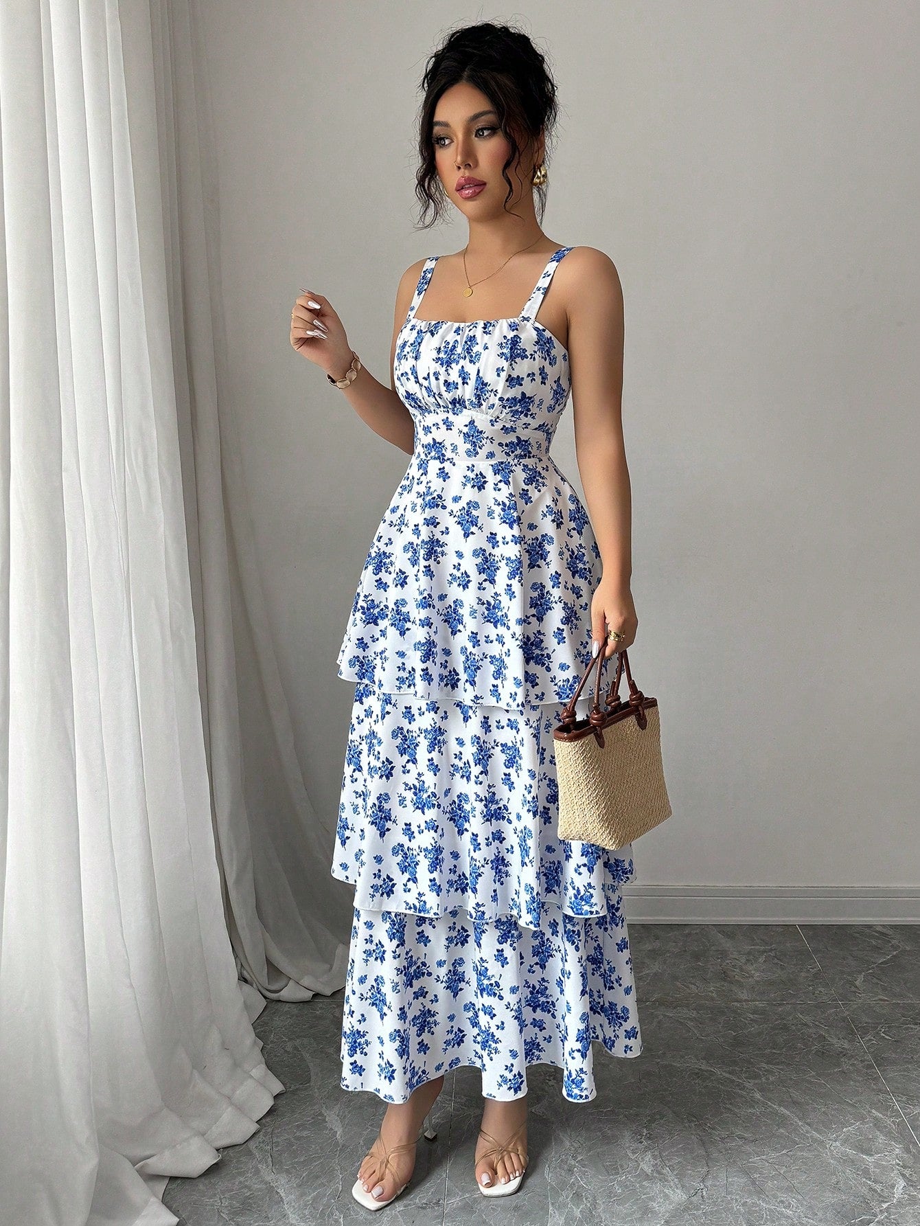 Elenzga Women's Spring/Summer Fashionable Elegant Sleeveless Strap Waist Layered Cake Dress, Floral Print, Refreshing, Suitable For Beach Date, Maxi Dress