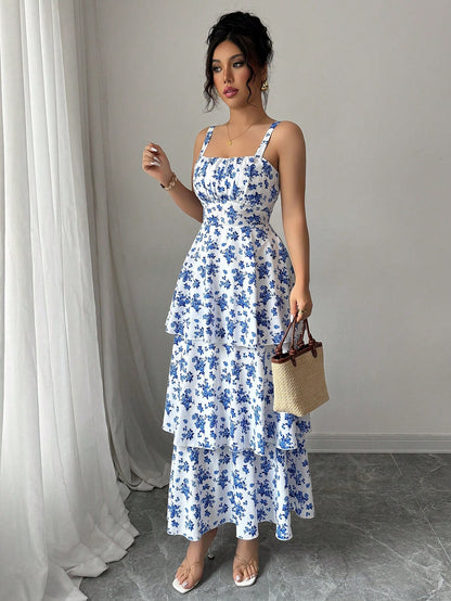 Elenzga Women's Spring/Summer Fashionable Elegant Sleeveless Strap Waist Layered Cake Dress, Floral Print, Refreshing, Suitable For Beach Date, Maxi Dress
