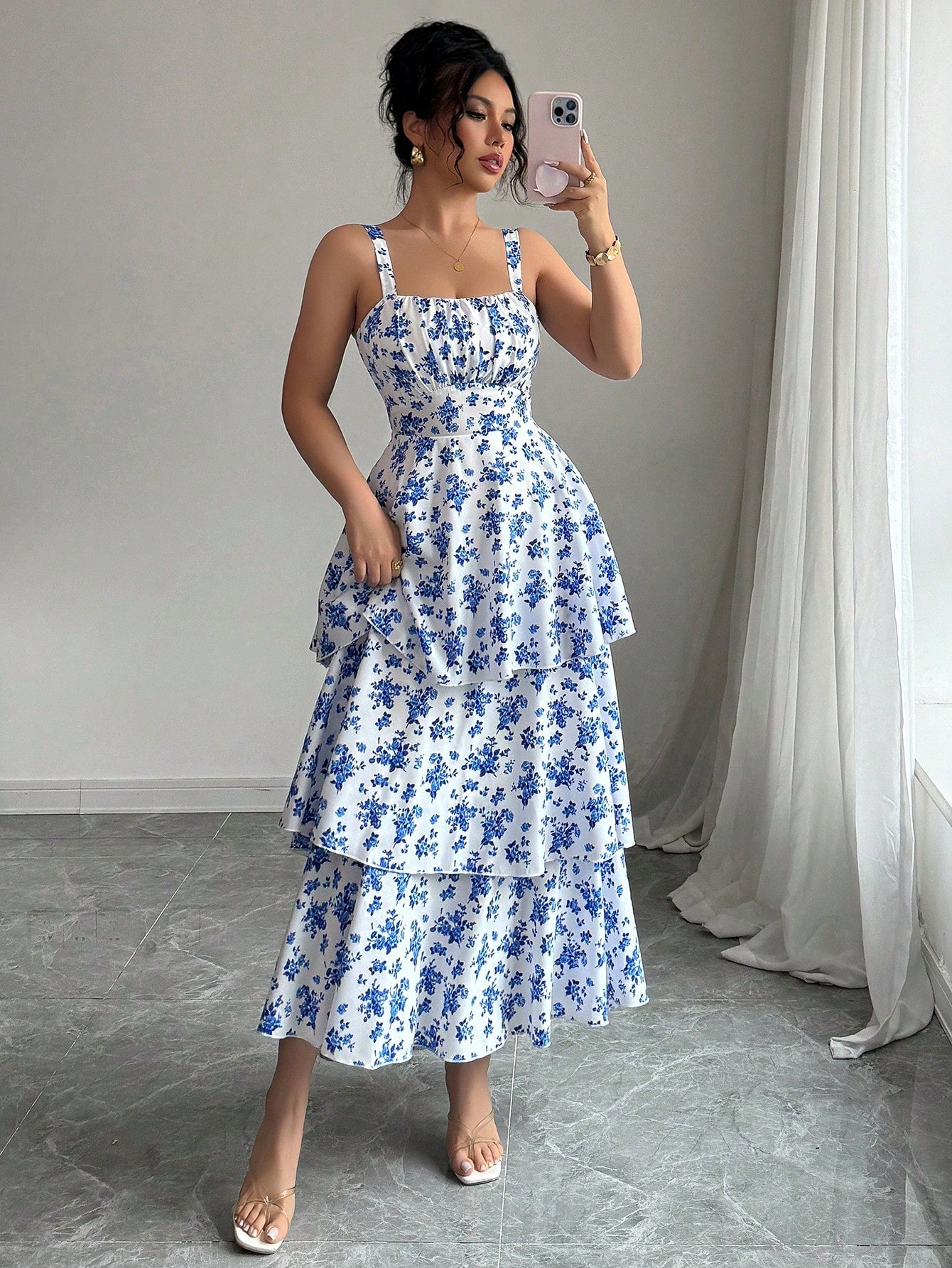 Elenzga Women's Spring/Summer Fashionable Elegant Sleeveless Strap Waist Layered Cake Dress, Floral Print, Refreshing, Suitable For Beach Date, Maxi Dress