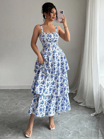 Elenzga Women's Spring/Summer Fashionable Elegant Sleeveless Strap Waist Layered Cake Dress, Floral Print, Refreshing, Suitable For Beach Date, Maxi Dress