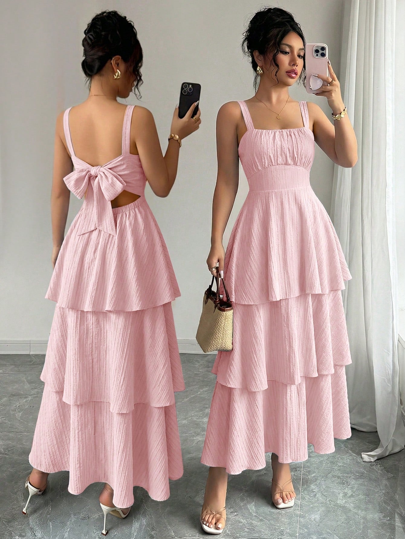 Elenzga Women's Spring/Summer Fashionable Elegant Sleeveless Strap Waist Layered Cake Dress, Floral Print, Refreshing, Suitable For Beach Date, Maxi Dress