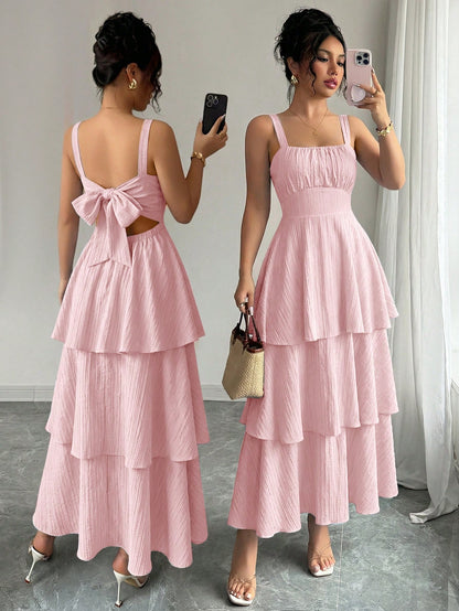 Elenzga Women's Spring/Summer Fashionable Elegant Sleeveless Strap Waist Layered Cake Dress, Floral Print, Refreshing, Suitable For Beach Date, Maxi Dress