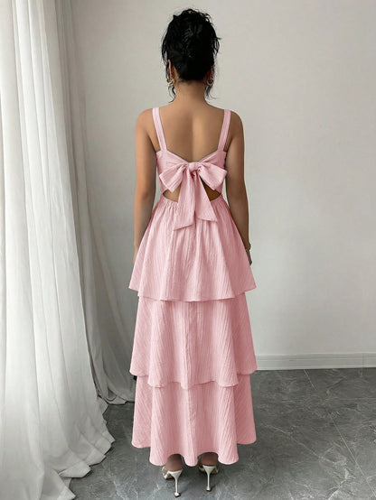 Elenzga Women's Spring/Summer Fashionable Elegant Sleeveless Strap Waist Layered Cake Dress, Floral Print, Refreshing, Suitable For Beach Date, Maxi Dress