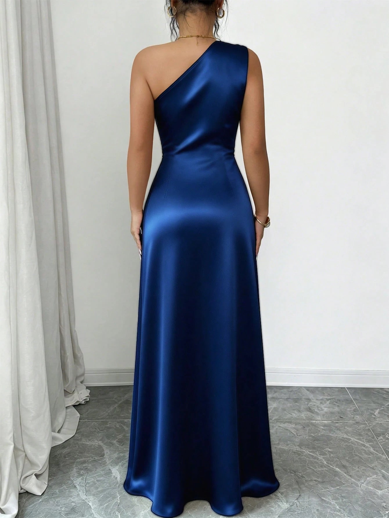 Elenzga Women's Spring/Summer New Fashion Elegant Satin Asymmetrical Shoulder Metal Flower Decor Waist-Defining Slimming Bodycon Mermaid Long Dress