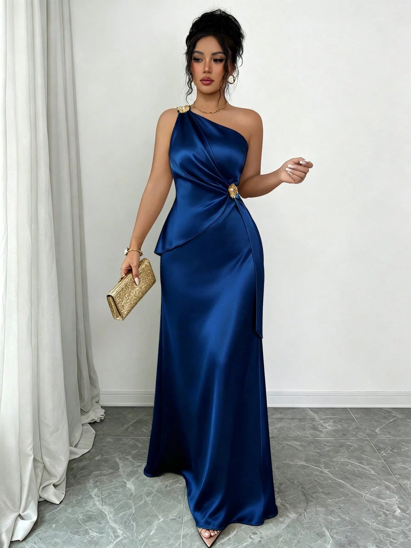Elenzga Women's Spring/Summer New Fashion Elegant Satin Asymmetrical Shoulder Metal Flower Decor Waist-Defining Slimming Bodycon Mermaid Long Dress