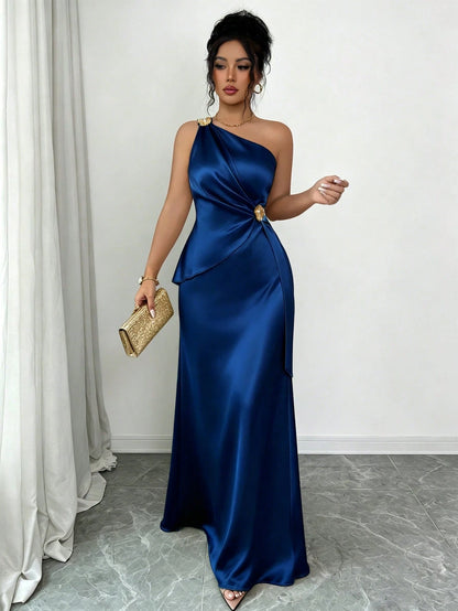 Elenzga Women's Spring/Summer New Fashion Elegant Satin Asymmetrical Shoulder Metal Flower Decor Waist-Defining Slimming Bodycon Mermaid Long Dress