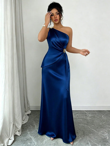Elenzga Women's Spring/Summer New Fashion Elegant Satin Asymmetrical Shoulder Metal Flower Decor Waist-Defining Slimming Bodycon Mermaid Long Dress