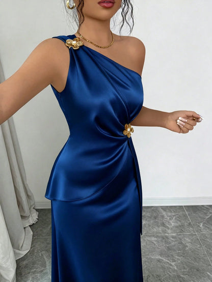 Elenzga Women's Spring/Summer New Fashion Elegant Satin Asymmetrical Shoulder Metal Flower Decor Waist-Defining Slimming Bodycon Mermaid Long Dress