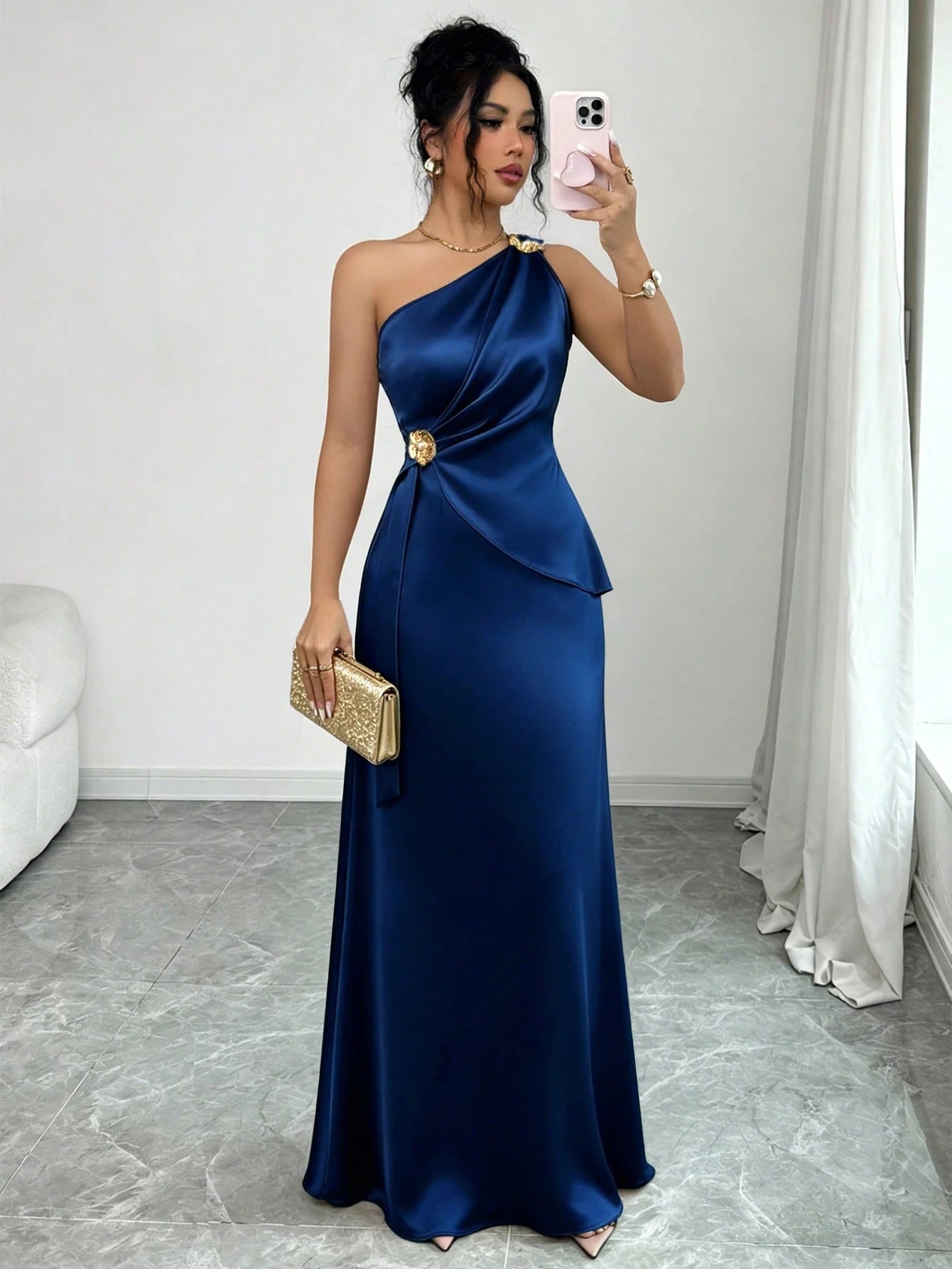 Elenzga Women's Spring/Summer New Fashion Elegant Satin Asymmetrical Shoulder Metal Flower Decor Waist-Defining Slimming Bodycon Mermaid Long Dress