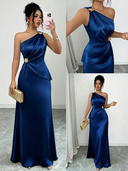 Elenzga Women's Spring/Summer New Fashion Elegant Satin Asymmetrical Shoulder Metal Flower Decor Waist-Defining Slimming Bodycon Mermaid Long Dress
