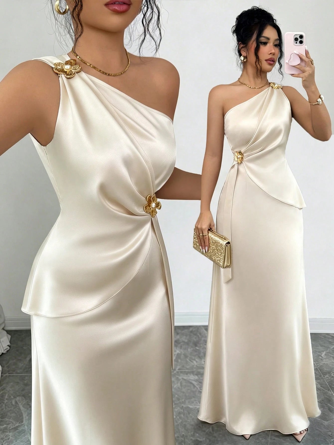 Elenzga Women's Spring/Summer New Fashion Elegant Satin Asymmetrical Shoulder Metal Flower Decor Waist-Defining Slimming Bodycon Mermaid Long Dress