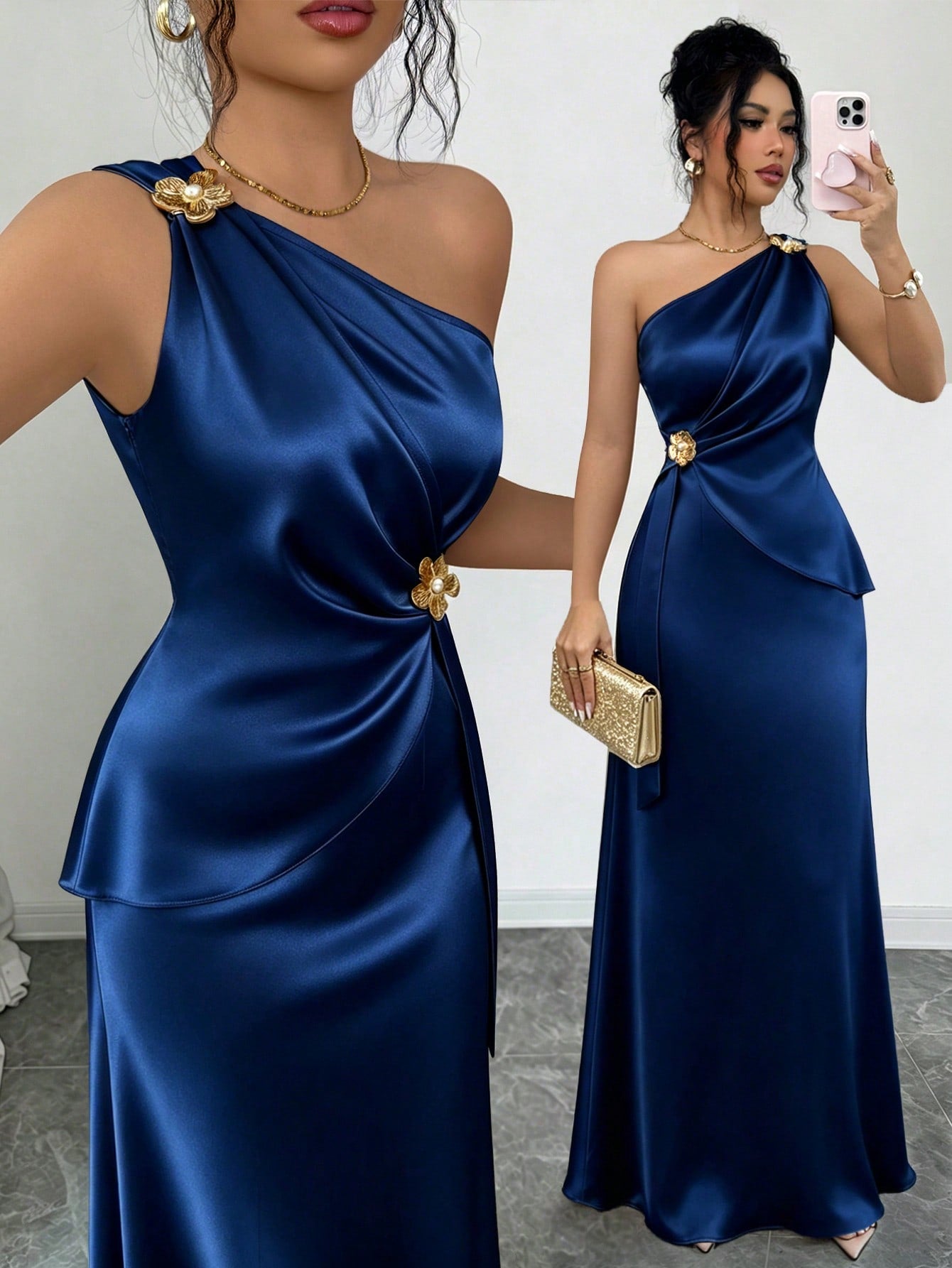 Elenzga Women's Spring/Summer New Fashion Elegant Satin Asymmetrical Shoulder Metal Flower Decor Waist-Defining Slimming Bodycon Mermaid Long Dress