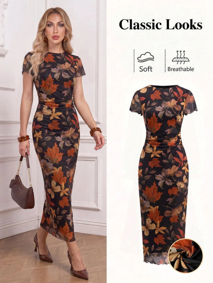 Ellevyn Women's Fashionable Printed Short Sleeve Dress, Spring/Summer Dinner Black Mature Elegant Basic